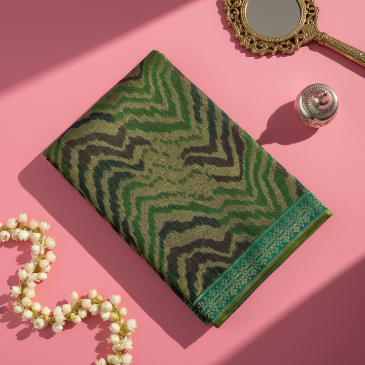 Kuberan  Forest Green with All-Over Gold Zari Chevron Flame Weave & Teal Floral Border Kanchipuram Silk Saree