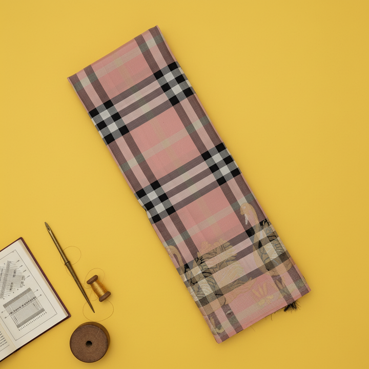 Kuberan Blush Pink Heritage Tartan Check with Scattered Gold Zari Floral Buttas & Self-Colour Pink Zari Border  Kanchipuram Silk Saree