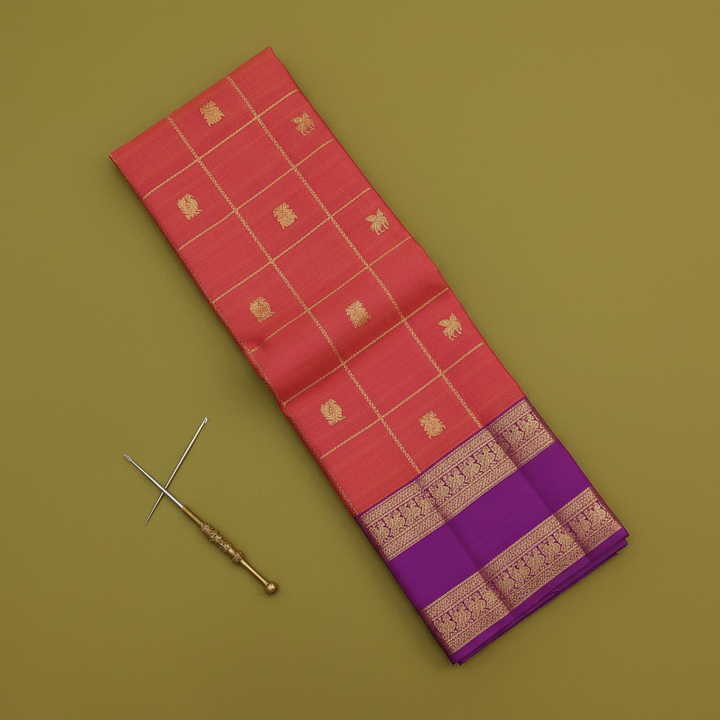 Kuberan  Coral  with Gold Zari Check Grid, Mixed Floral & Bird Buttas & Broad Deep Violet Peacock Procession Border Kanchipuram Silk Saree