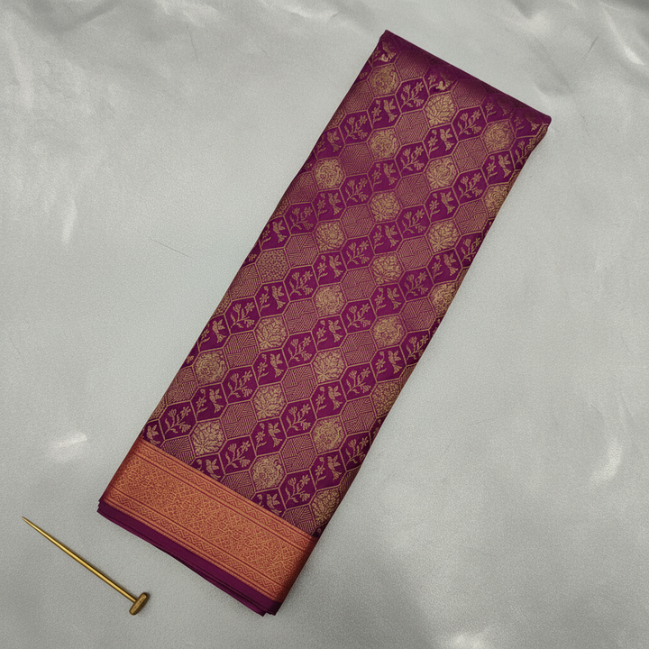 Kuberan Deep Magenta Purple with All-Over Gold Zari Hexagonal Honeycomb Jaal & Gold Zari  Border Kanchipuram Silk Saree