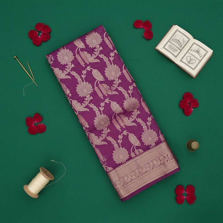 Kuberan Deep Magenta Purple with All-Over Gold Zari Parrot & Lotus Jaal Weave & Broad Antique Gold Zari Floral Scroll Border Kanchipuram Silk Saree