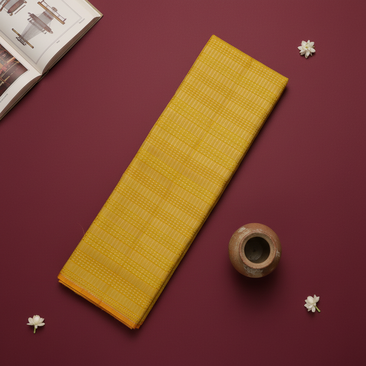 Kuberan Turmeric Yellow with All-Over Self-Colour Gold Zari Fine Checks Grid & Narrow Contrast Orange BorderKanchipuram Silk Saree