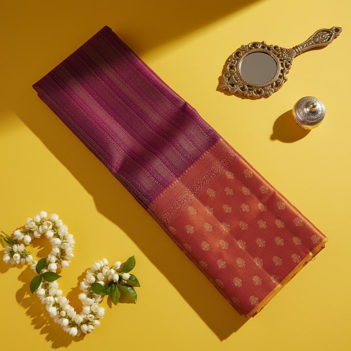 kuberan  Deep Wine Purple with Dense Zari Stripe Body & Rust Orange Floral Butta Kanchipuram Silk Saree