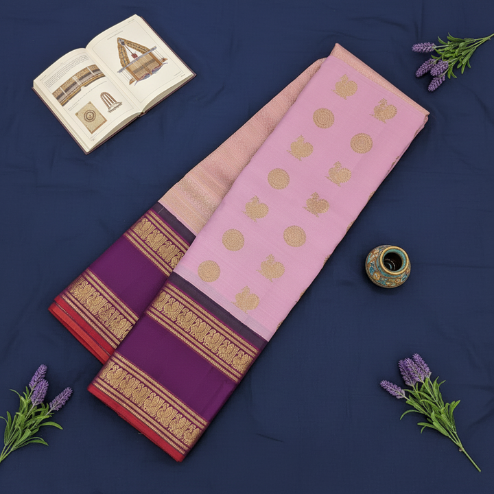 Kanchipuram Silk Saree - Blush Pink with Gold Zari Peacock Medallion & Floral Buttas & Broad Deep Plum Purple Gold Zari Peacock Border