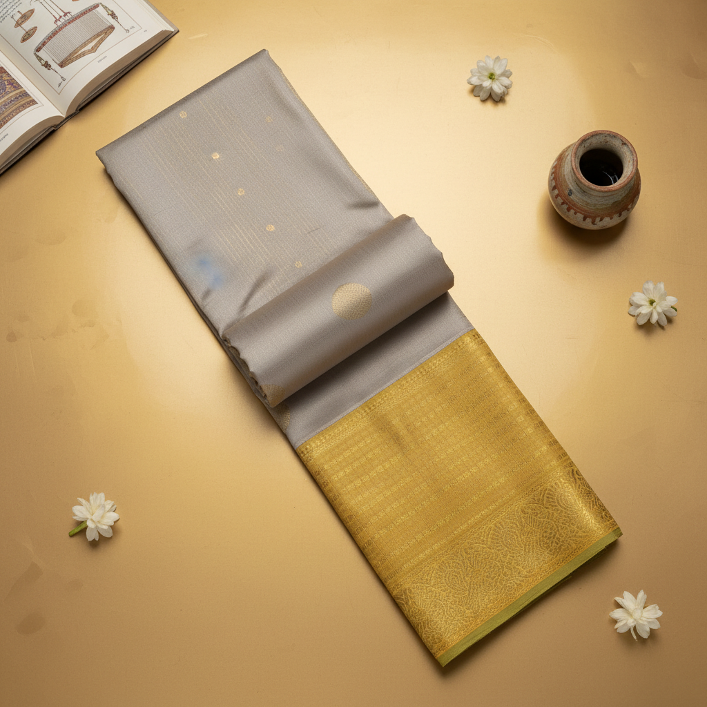 Kuberan Silver Grey with Gold Zari Sunflower Buttas & Antique Gold Border Kanchipuram Silk Saree