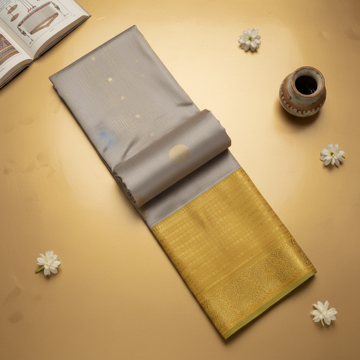 Kuberan Silver Grey with Gold Zari Sunflower Buttas & Antique Gold Border Kanchipuram Silk Saree