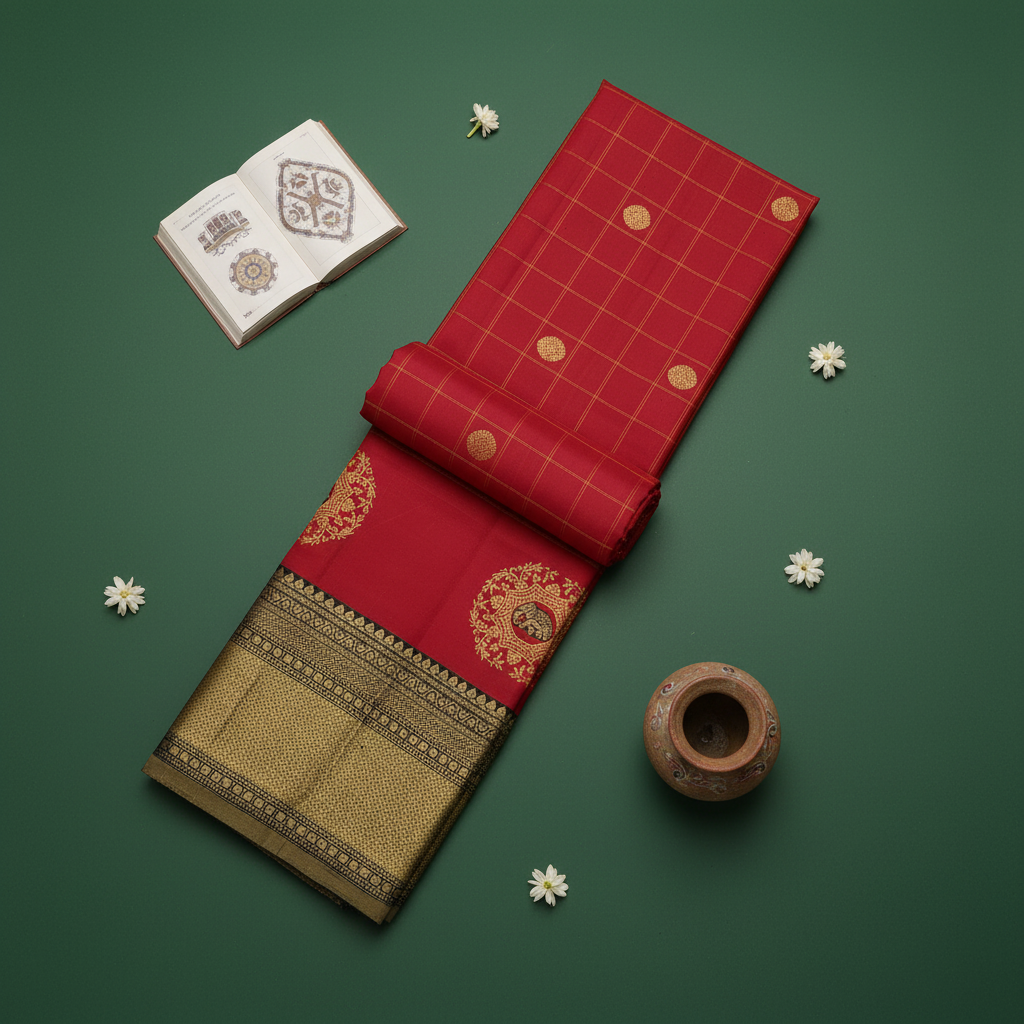 Kuberan Crimson Red with Gold Zari Check Grid, Circular Medallion Buttas & Large Gold Zari Elephant-in-Floral-Medallion with Green Border Kanchipuram Silk Saree