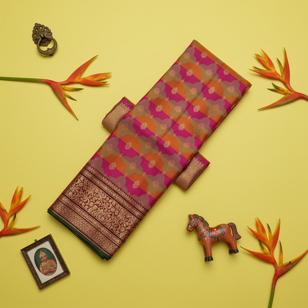 Kuberan Magenta Pink & Orange Kanchipuram Silk Saree