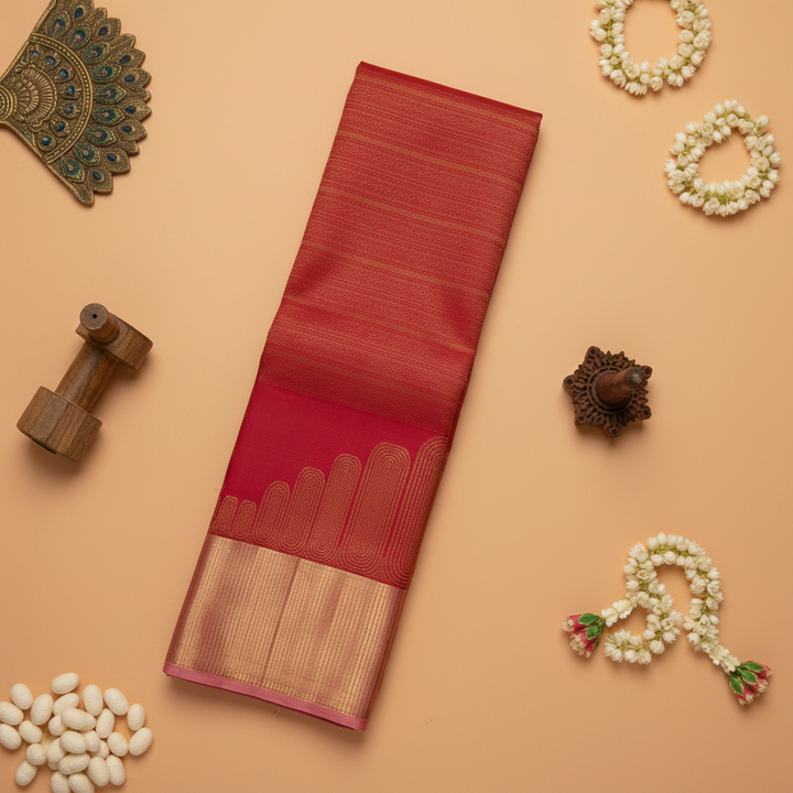 Kuberan Deep Crimson Red All-Over Gold Zari Chevron Stripe Body & Large Gold Zari Graduated Temple Arch  Kanchipuram Silk Saree