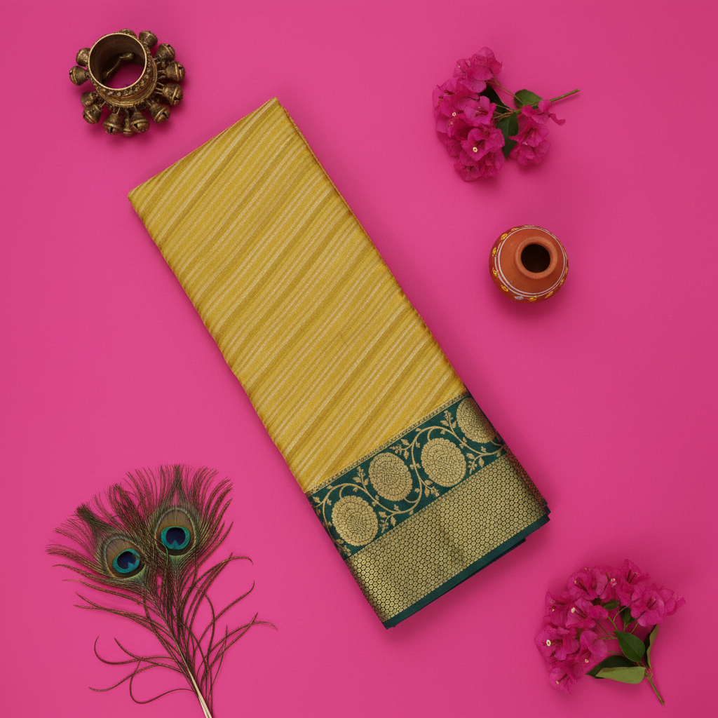 Kuberan Golden Yellow All-Over Gold Zari Diagonal Stripe Body & Gold Zari Floral Border Kanchipuram Silk Saree