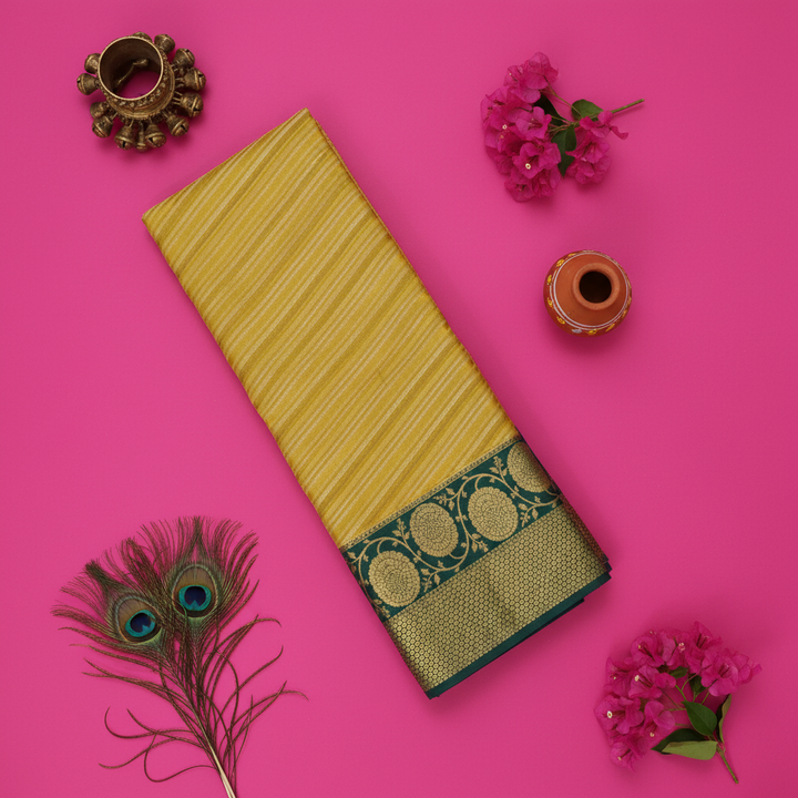 Kuberan Golden Yellow All-Over Gold Zari Diagonal Stripe Body & Gold Zari Floral Border Kanchipuram Silk Saree