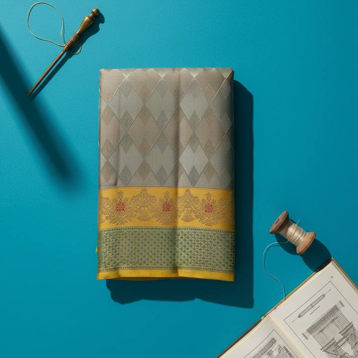 kuberan Kanchipuram Silk Saree - Silver Grey Diamond Weave with Yellow Zari Border & Red Floral Motif