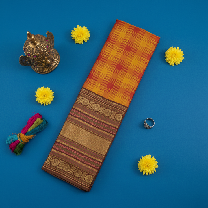 Kuberan Golden Yellow & Crimson Red Kanchipuram Silk Saree