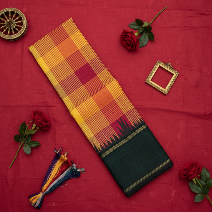Kuberan Sunshine Yellow Multi-Colour Tartan Check with Deep Forest Green Temple Gopuram Spike Border Kanchipuram Silk Saree