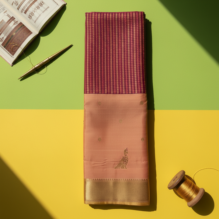 kuberan  Light Maroon & Dusty Rose with Peacock Butta  Kanchipuram Silk Saree