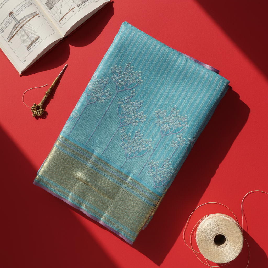 Kuberan Sky Blue with silver Floral Tree Butta & Broad Gold Zari Border Kanchipuram Silk Saree