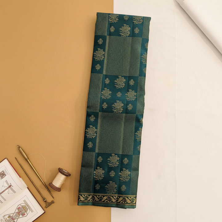 kuberan Kanchipuram Silk Saree - Teal Green with Gold Zari Checks & Floral Buttas