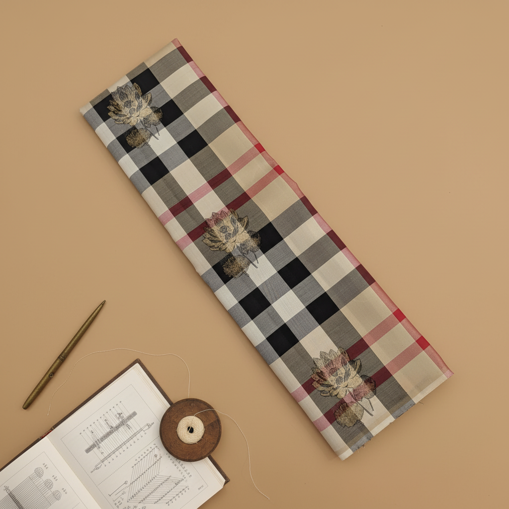 Kuberan  Ivory Cream Heritage Tartan Check with Scattered Gold Zari Lotus Buttas Kanchipuram Silk Saree