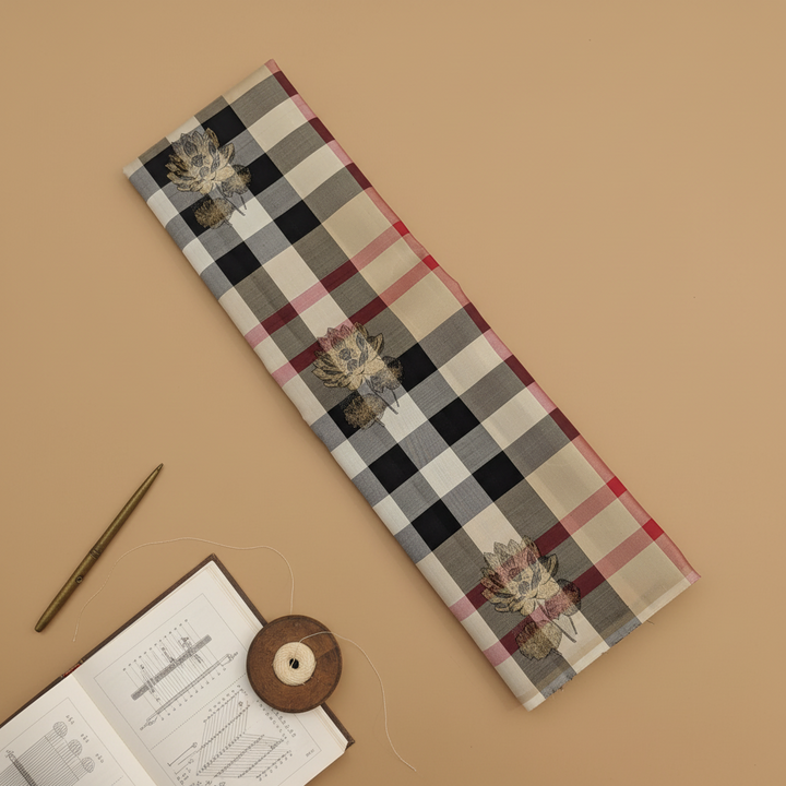 Kuberan  Ivory Cream Heritage Tartan Check with Scattered Gold Zari Lotus Buttas Kanchipuram Silk Saree