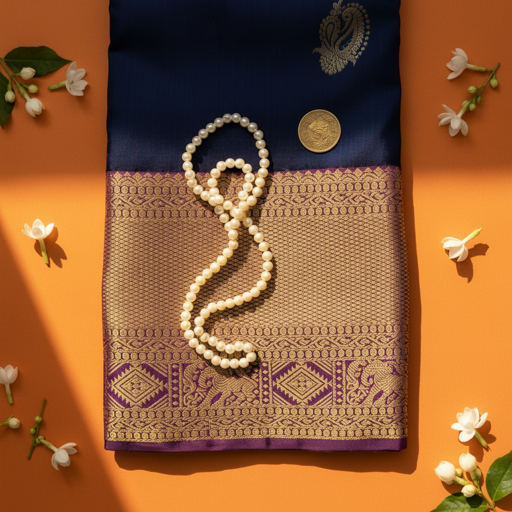 Kuberan Navy Blue Kanchipuram Pure Silk Saree with Gold Paisley Buttas