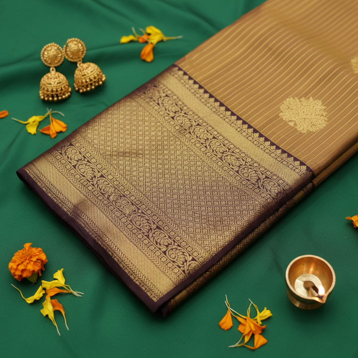 Kuberan Golden Brown Kanchipuram Pure Silk Saree