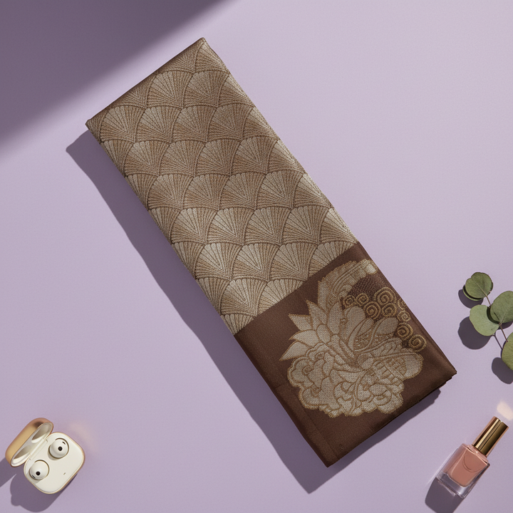 Kuberan  Warm Mocha Brown with All-Over Gold Zari Fan Weave Body & Large Lotus Medallion in border Kanchipuram Silk Saree