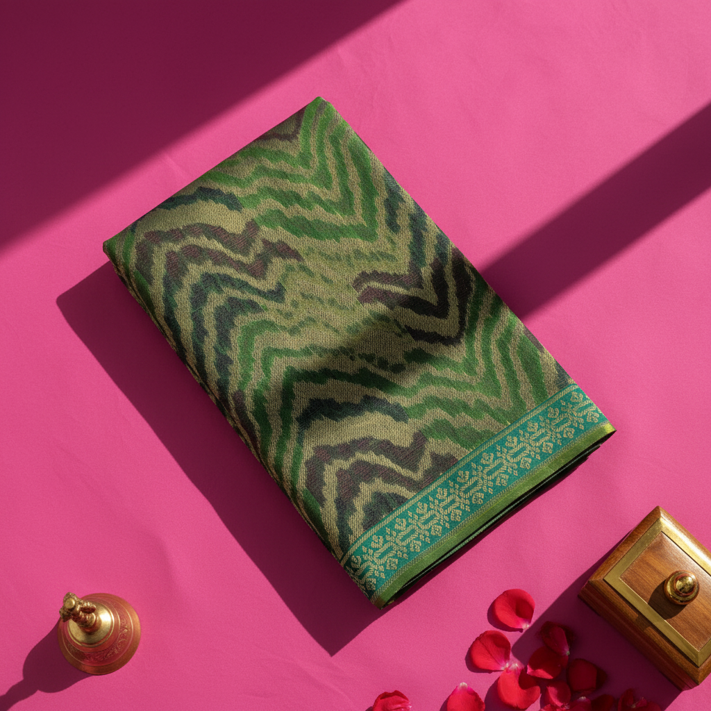 Kuberan  Forest Green with All-Over Gold Zari Chevron Flame Weave & Teal Floral Border Kanchipuram Silk Saree