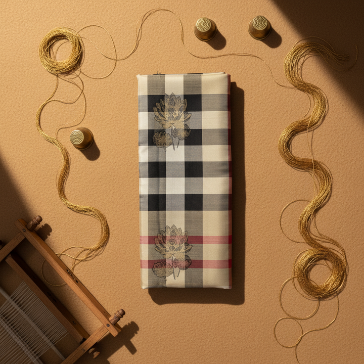 Kuberan  Ivory Cream Heritage Tartan Check with Scattered Gold Zari Lotus Buttas Kanchipuram Silk Saree