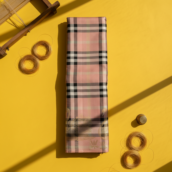 Kuberan Blush Pink Heritage Tartan Check with Scattered Gold Zari Floral Buttas & Self-Colour Pink Zari Border  Kanchipuram Silk Saree