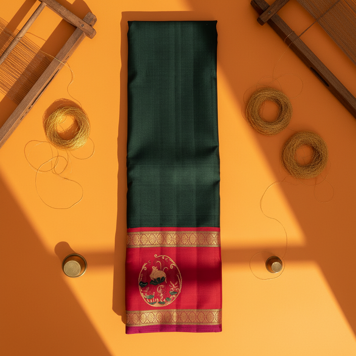 kuberan Kanchipuram Silk Saree - bottle  Green with Crimson Red Border & Kalasha Motif