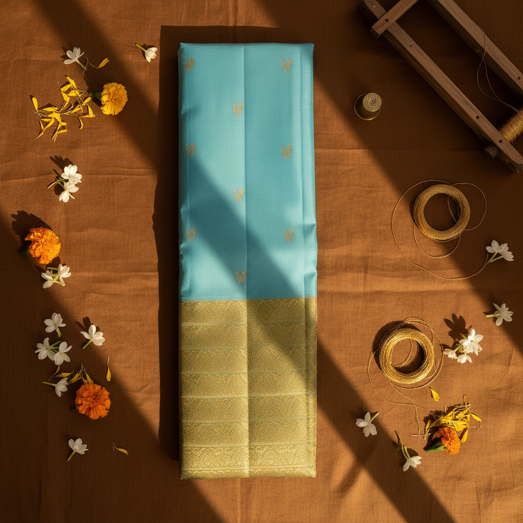 Kuberan  Sky Blue with Scattered Paired Gold Zari Duck (Hamsa) Buttas & Broad Antique Gold Zari Dense Floral Scroll Temple Arch Border Kanchipuram Silk Saree