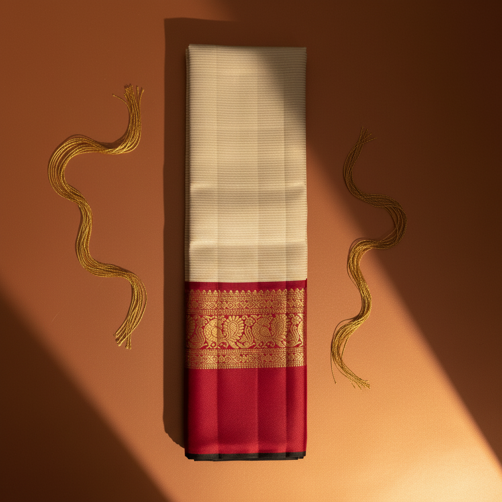 Kuberan  Ivory Cream with All-Over Fine Gold Zari Pinstripe Body & Broad Deep Crimson Red Gold Zari Peacock & Floral Scroll Border Kanchipuram Silk Saree