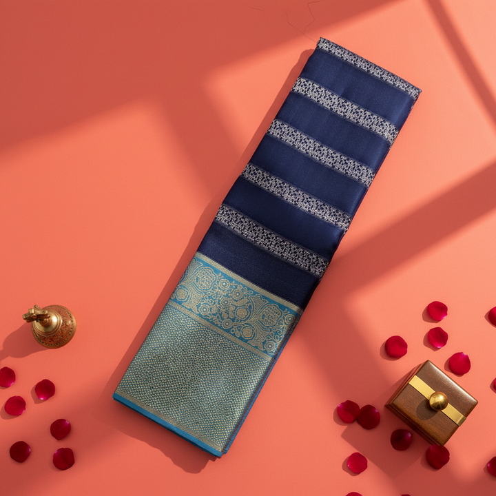 Kuberan  Midnight Navy Blue with Silver Zari Stripe Body & Teal Gold Zari border Kanchipuram Silk Saree