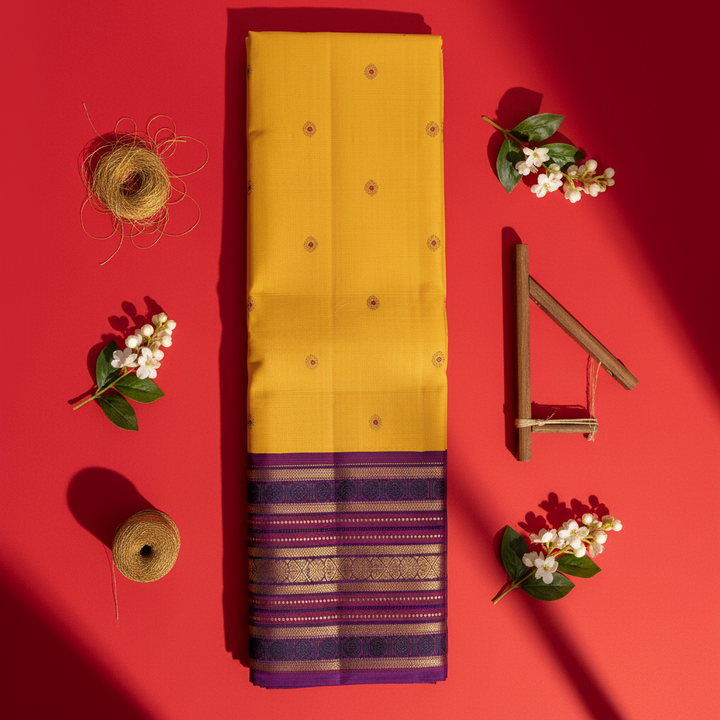 Kuberan Mango Yellow with Scattered Gold Zari Sunflower Medallion Buttas & Broad Deep Violet Multi-Stripe Zari Border Kanchipuram Silk Saree