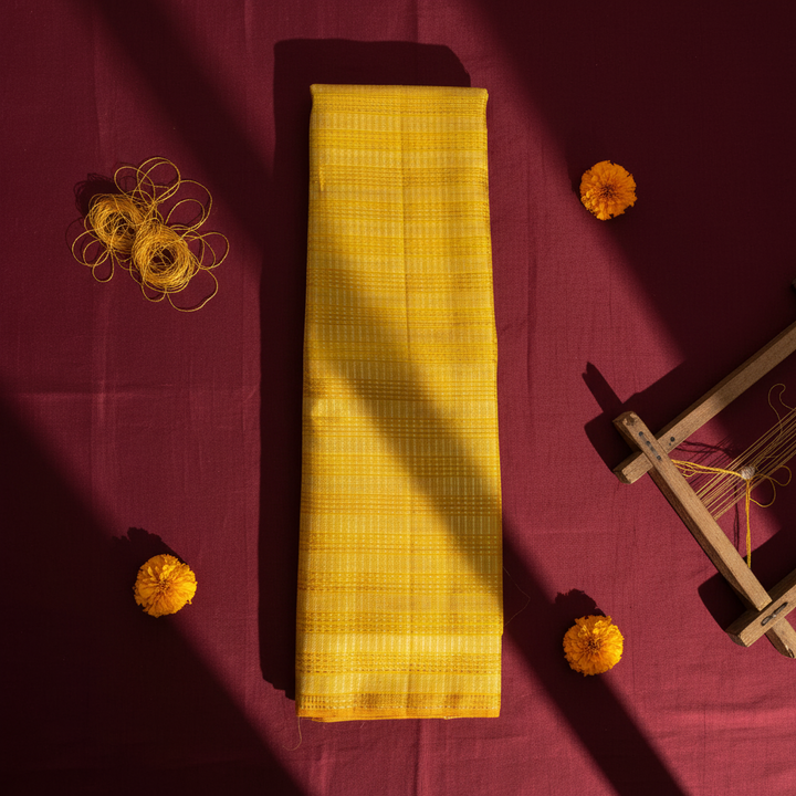 Kuberan Turmeric Yellow with All-Over Self-Colour Gold Zari Fine Checks Grid & Narrow Contrast Orange BorderKanchipuram Silk Saree