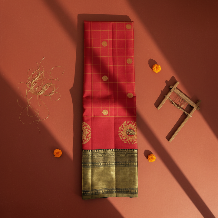 Kuberan Crimson Red with Gold Zari Check Grid, Circular Medallion Buttas & Large Gold Zari Elephant-in-Floral-Medallion with Green Border Kanchipuram Silk Saree