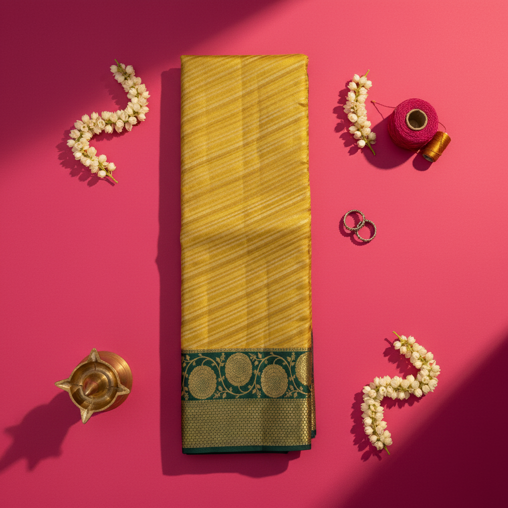 Kuberan Golden Yellow All-Over Gold Zari Diagonal Stripe Body & Gold Zari Floral Border Kanchipuram Silk Saree