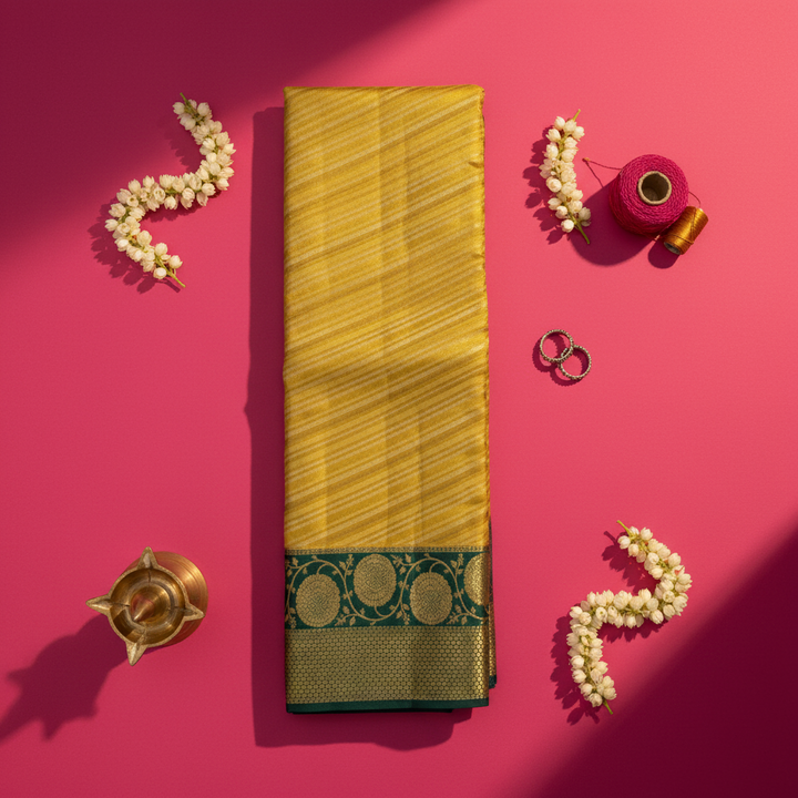 Kuberan Golden Yellow All-Over Gold Zari Diagonal Stripe Body & Gold Zari Floral Border Kanchipuram Silk Saree