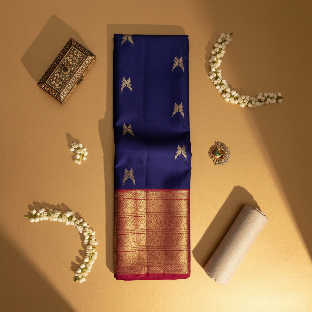 Kanchipuram Silk Saree - Royal Blue with Scattered Gold & Silver Zari Paired Parrot Buttas & Broad Crimson Red Dense Gold Zari Paisley Scroll Multi-Band Border