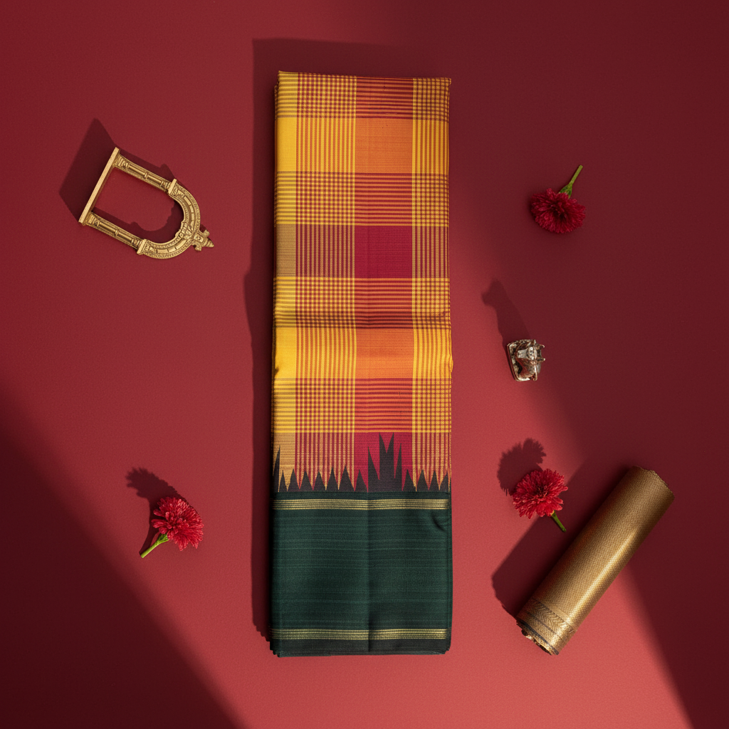 Kuberan Sunshine Yellow Multi-Colour Tartan Check with Deep Forest Green Temple Gopuram Spike Border Kanchipuram Silk Saree