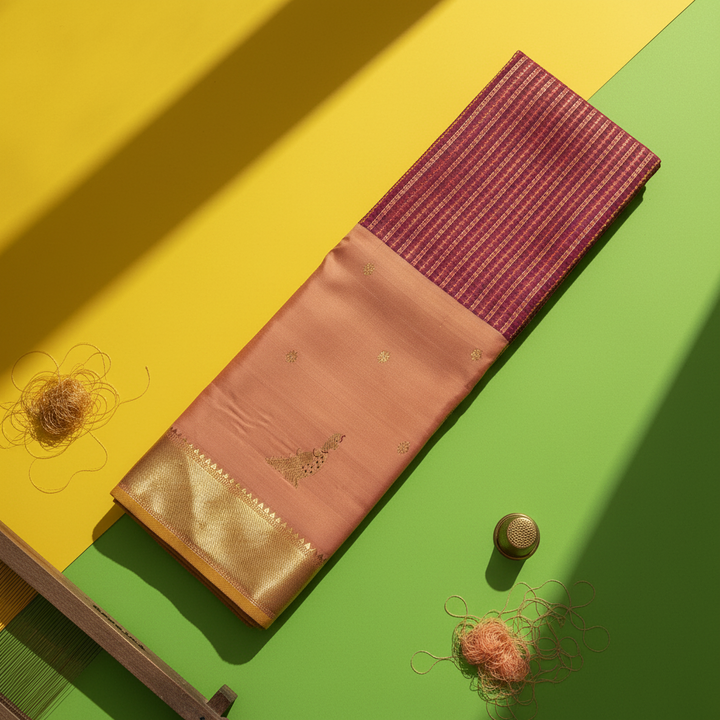 kuberan  Light Maroon & Dusty Rose with Peacock Butta  Kanchipuram Silk Saree