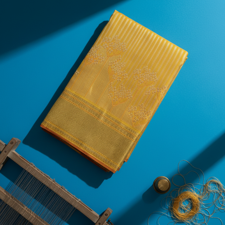 Kuberan Sunshine Yellow with All-Over Gold Zari Pinstripe, Large Floral Tree Butta & Broad Gold Zari Diamond Grid BorderKanchipuram Silk Saree