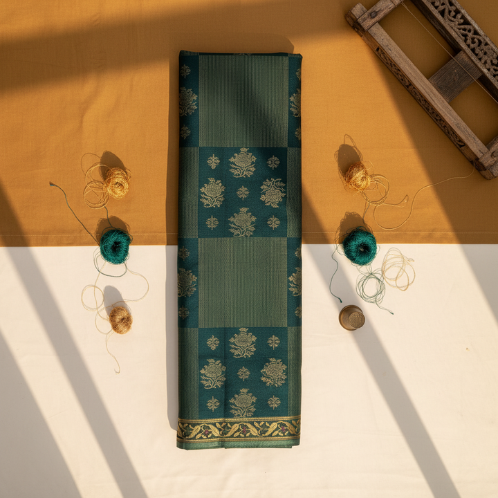 kuberan Kanchipuram Silk Saree - Teal Green with Gold Zari Checks & Floral Buttas