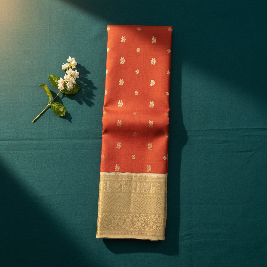 Kuberan Kanchipuram Silk Saree Orange with Scattered Gold Zari Peacock & Floral Medallion Buttas & Broad Antique Gold Zari Geometric Multi-Band Border