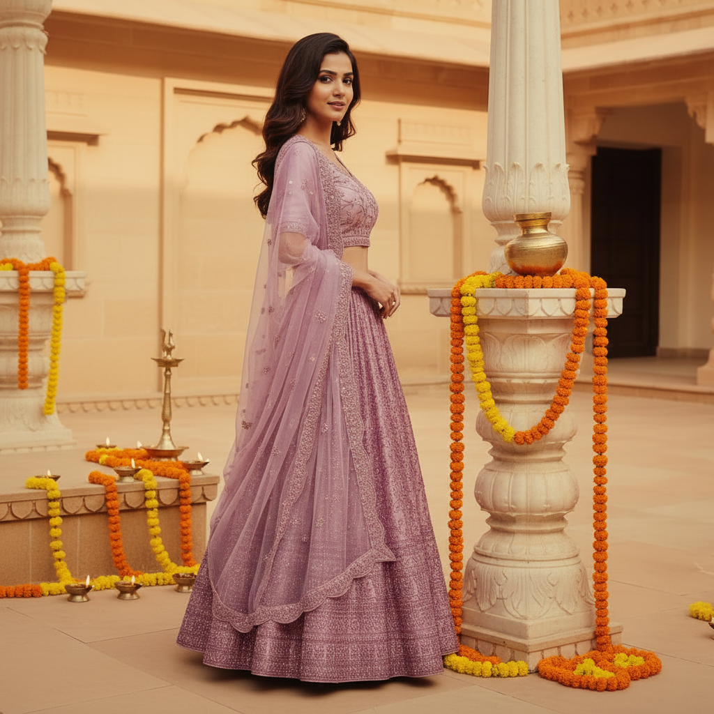 Kuberan Lavender Semi Bridal Lehenga Semi Stitched