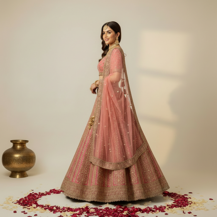 Kuberan Rose Gold Bridal Lehenga with Heavy Zari Embroidery unstitched