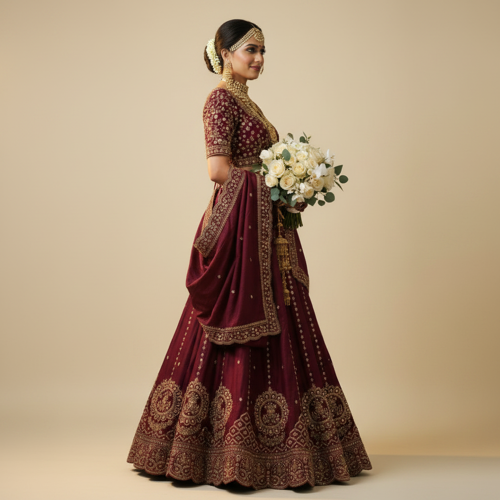Kuberan Wine Lehenga with Gold Embroidery