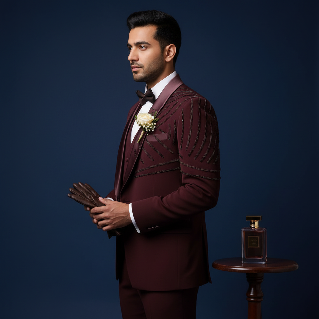 Kuberan Maroon Three-Piece Tuxedo Suit