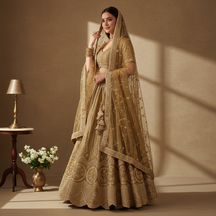 Kuberan Golden Embroidered Semi Stitched Lehenga