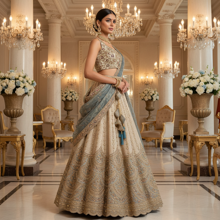Kuberan Blue Grey Embroidered Semi Stitched Bridal Lehenga